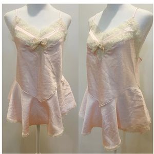 Vintage 70s Paramount Pink Polka Dot Teddy with Lace Bust-line and Trim